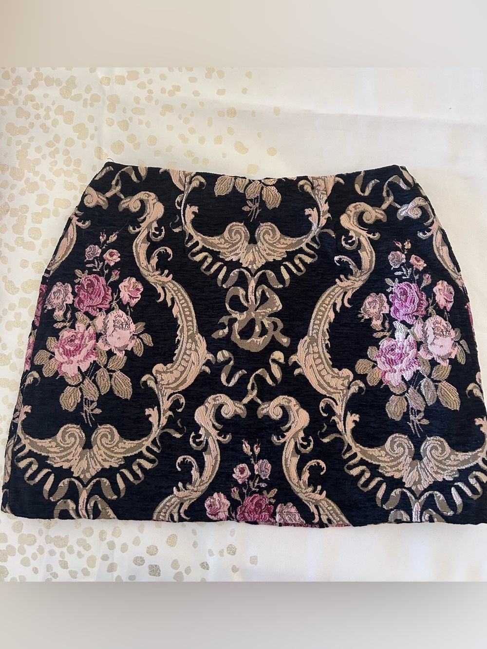 Black Gold and Pink Floral Jacquard Mini Skirt